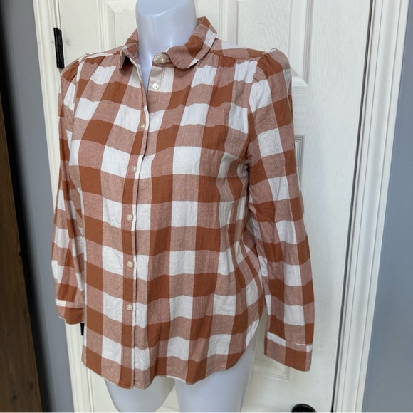 LOFT Plaid Flannel Scoop Hem Peter Pan Collar Puff Shoulder Button down Shirt L - Picture 3 of 9